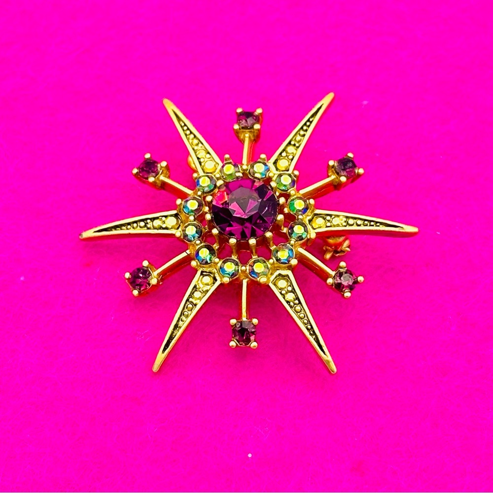 Goldtone Sunburst Amethyst Color Crystal Brooch - Picture 4 of 7